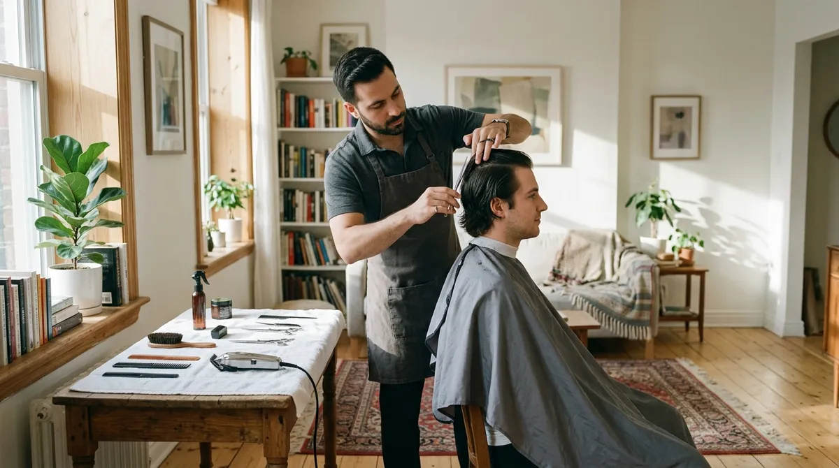 Coiffeur réalisant une coupe au domicile d’un client